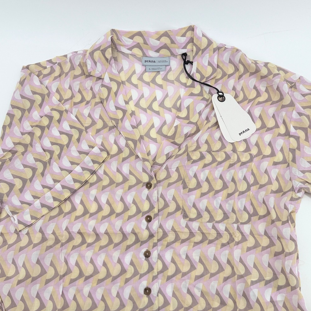 Prana Iguala Top Womens Small Willow Retro Geo Pink Yellow Button Up 1970891